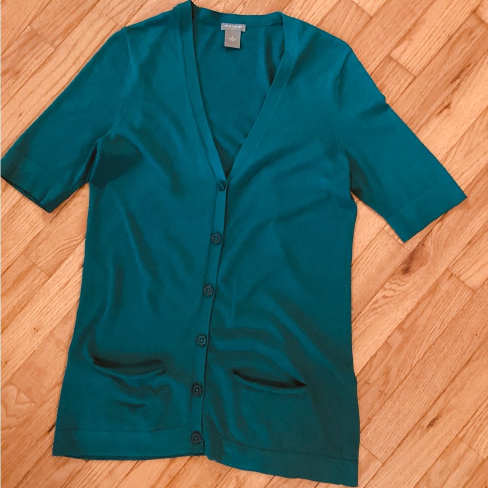 LIKE NEW ANN TAYLOR LIGHTWEIGHT COTTON SHORT-SLEEVE V-NECK CARDIGAN TEAL SMALL